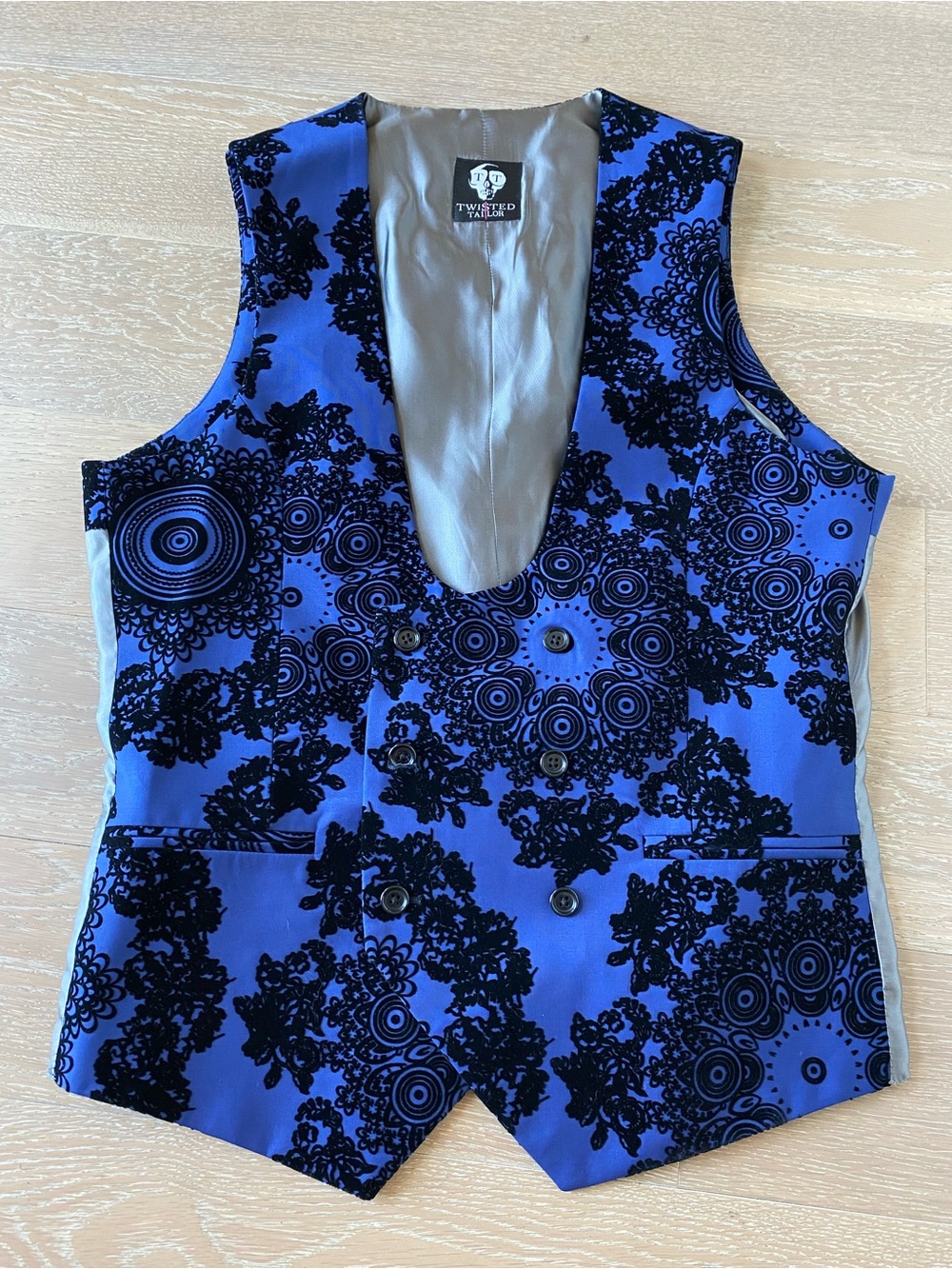 TWISTED TAILOR VEST hare blue mid century modern abstract flocking size 38r MEN